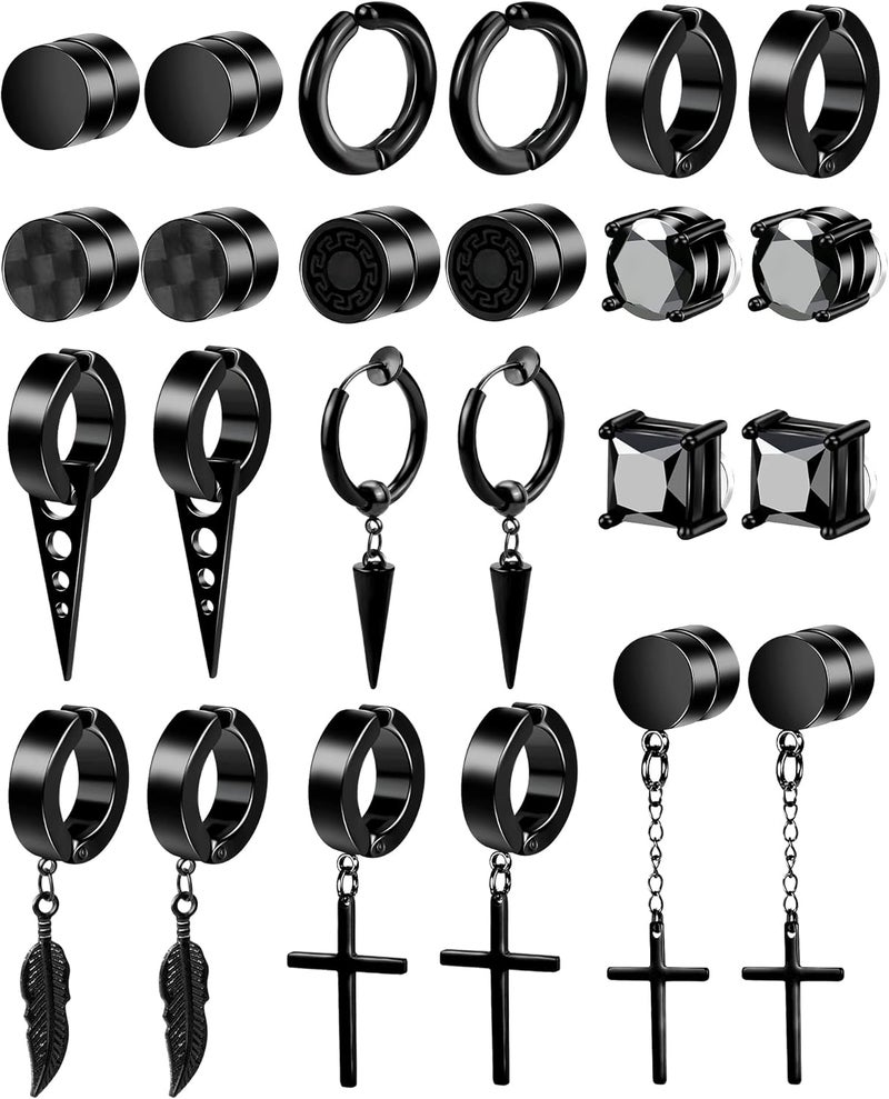 ONESING 12 Pairs Black Magnetic Earrings: Clip On, Hoop & Dangle Designs - Non-Piercing Set for Men & Women - Image 1